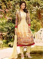 Inddus Beige Embroidered Dress Material