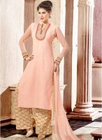 Inddus Peach Embroidered Dress Material