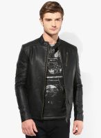 Jack & Jones Black Solid Leather Jacket
