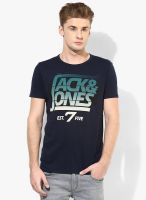 Jack & Jones Navy Blue Graphic Round Neck T-Shirts