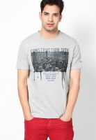 TBASE Grey Melange Graphic Round Neck T-Shirts