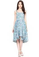 The Vanca Aqua Blue Colored Printed Asymmetric Dress