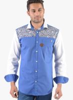 Vintage Blue Printed Linen Slim Fit Casual Shirt