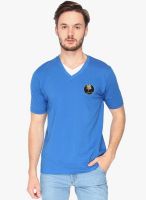 Campus Sutra Aqua Blue Solid V Neck T-Shirt