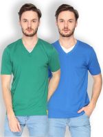 Campus Sutra Solid Men's V-neck Green, Blue T-Shirt(Pack of 2)