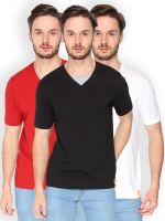 Campus Sutra Solid Men's V-neck Black, Red, White T-Shirt(Pack of 3)
