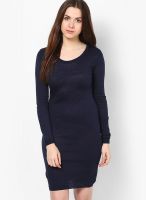 Lara Karen Navy Blue Colored Solid Skater Dress