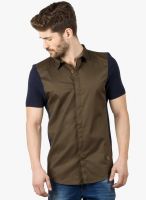 R&C Olive Solid Slim Fit Casual Shirt