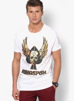 Ringspun White Printed Round Neck T-Shirts