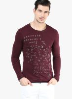 Sisley Wine Printed Round Neck T-Shirts