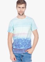 Slub Aqua Blue Printed Round Neck T-Shirt