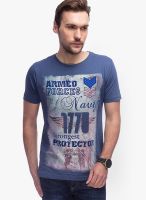 Slub Blue Printed Round Neck T-Shirts