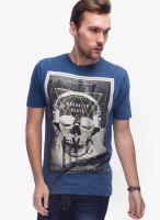 Slub Blue Printed Round Neck T-Shirts