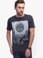 Slub Dark Grey Printed Round Neck T-Shirts