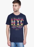 Slub Navy Blue Printed Round Neck T-Shirts