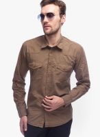 Slub Solid Brown Casual Shirt