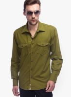Slub Solid Green Casual Shirt