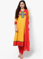 Span Yellow Embroidered Cotton Salwar Kameez Dupatta