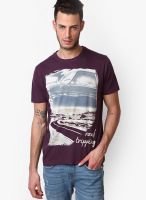 TBASE Purple Printed Round Neck T-Shirts