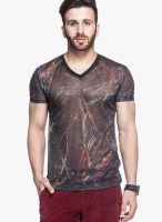 Tinted Brown Printed V Neck T-Shirts