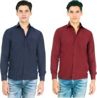 Atmosphere Men's Solid Formal White, Dark Blue Shirt(Pack of 2)