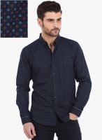 Basics Navy Blue Printed Slim Fit Casual Shirt