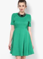 Dorothy Perkins Green Colored Solid Skater Dress