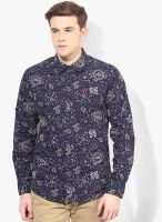 Ed Hardy Navy Blue Printed Slim Fit Casual Shirt
