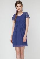 Elle Front Pleats Crochet Sleeves Navy Blue Dress