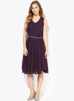 MIAMINX Navy Blue Colored Printed Skater Dress With Belt