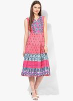Rain & Rainbow Pink Colored Printed Cotton Skater Dress