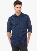 Basics Navy Blue Printed Slim Fit Casual Shirt