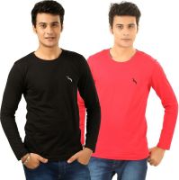 BrownBird Solid Men's Round Neck Black, Red T-Shirt(Pack of 2)