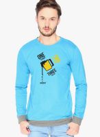 Campus Sutra Light Blue Printed Round Neck T-Shirts