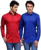 Feed Up Men's Solid Casual Red, Blue Shirt(Pack of 2)