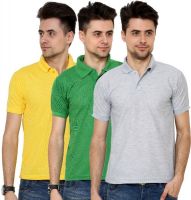 Grand Bear Solid Men's Polo Neck Yellow, Green, Grey T-Shirt(Pack of 3)