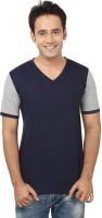 Jangoboy Solid Men's V-neck Dark Blue, Grey T-Shirt