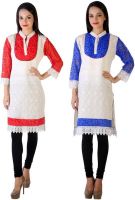 MDR Casual Embroidered Women's Kurti(Pack of 2, Red, Blue)