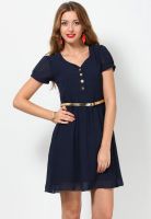 Magnetic Designs Short Sleeve Solid Navy Blue Dress