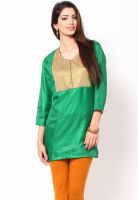 Tangerine Clothing Emerald Green Kurta With Dull Gold Lurex Yoke