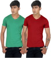 TeesTadka Solid Men's V-neck Multicolor T-Shirt(Pack of 2)