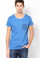 VOI Blue Printed Round Neck T-Shirts