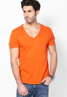 Gas Orange Solid V Neck T-Shirt