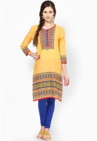 Global Desi Mustard Yellow Printed Kurta