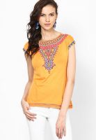 Global Desi Orange Embroidered Kurtis