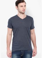 Highlander Navy Blue Solid V Neck T-Shirts