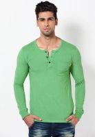 Jack & Jones Green Solid Round Neck T-Shirts