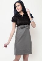 Raindrops Puffed Sleeve Solid Grey Dress