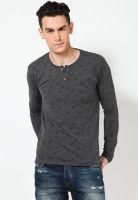 VOI Charcoal Grey Printed Henley T-Shirts