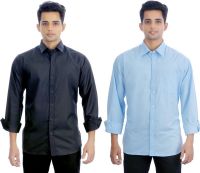 Atmosphere Men's Solid Formal Black, Light Blue Shirt(Pack of 2)